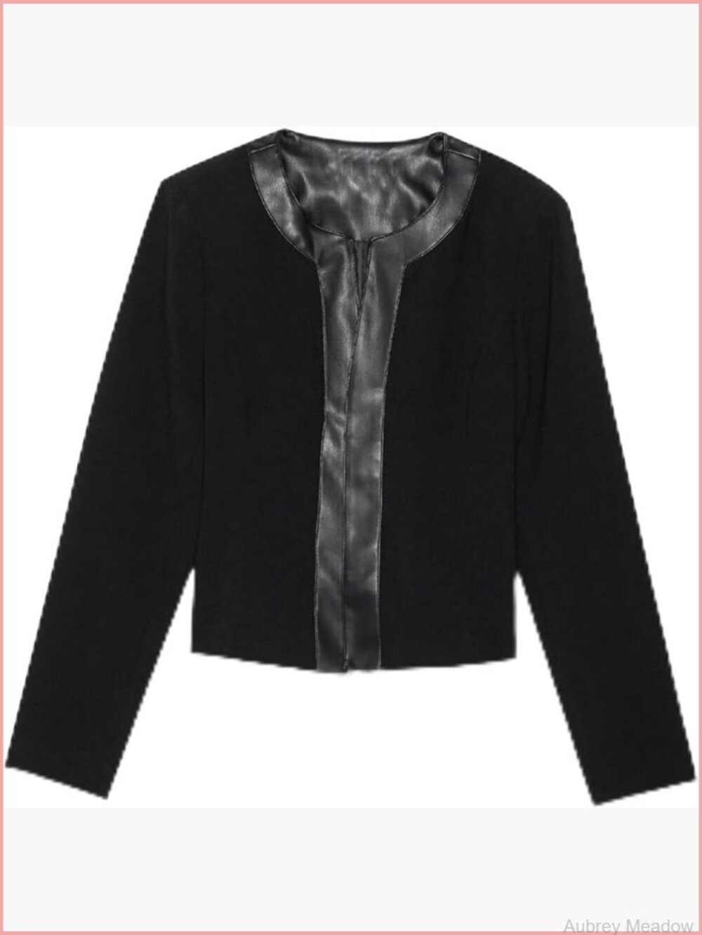 Collarless Blazer Jacket with Faux Leather Trim, Long Sleeve, Cropped